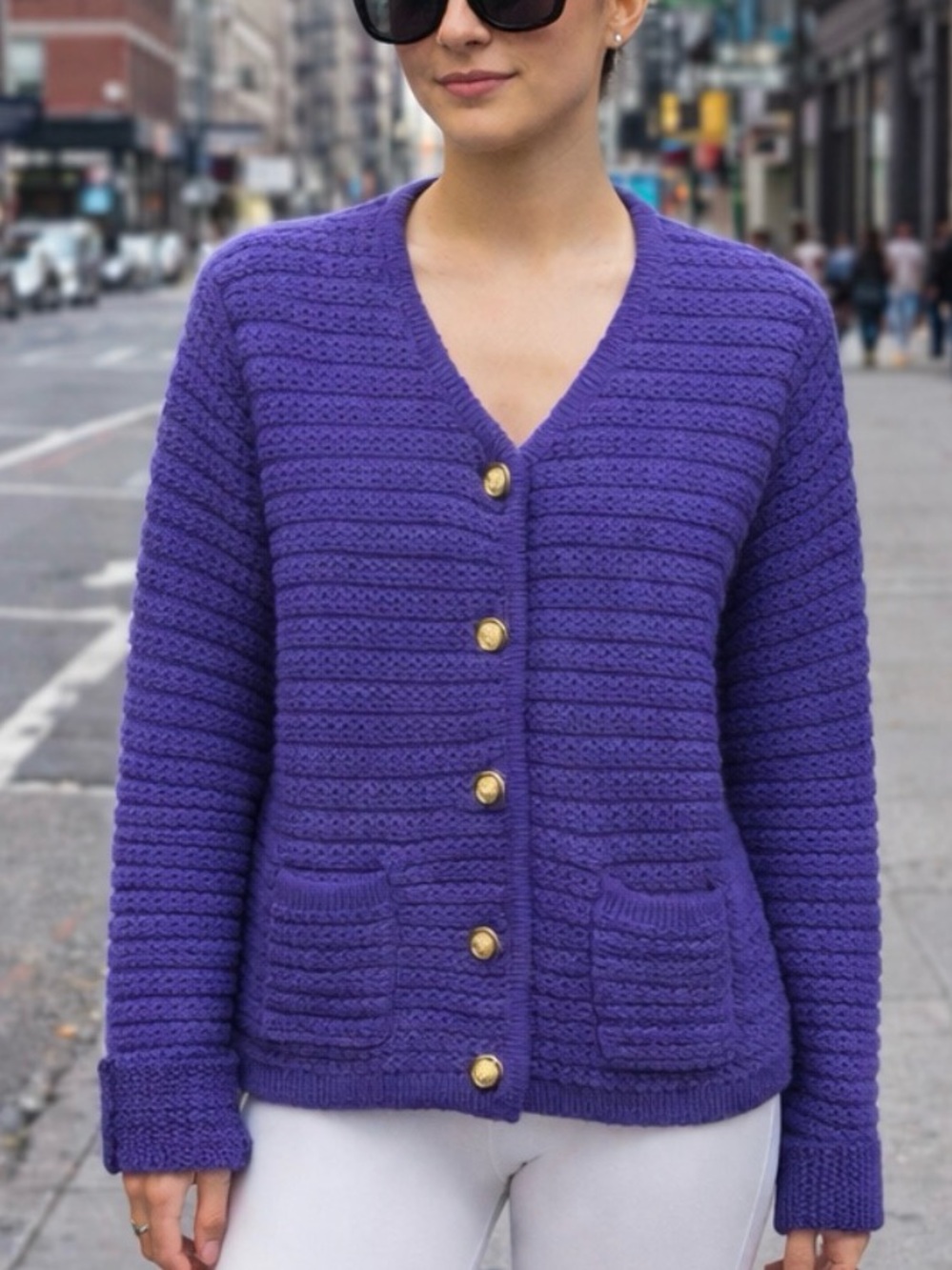 Purple Knit Cardigan Gold Buttons Quiet Luxury Luxe Sweater Y2k Prep Old Money L